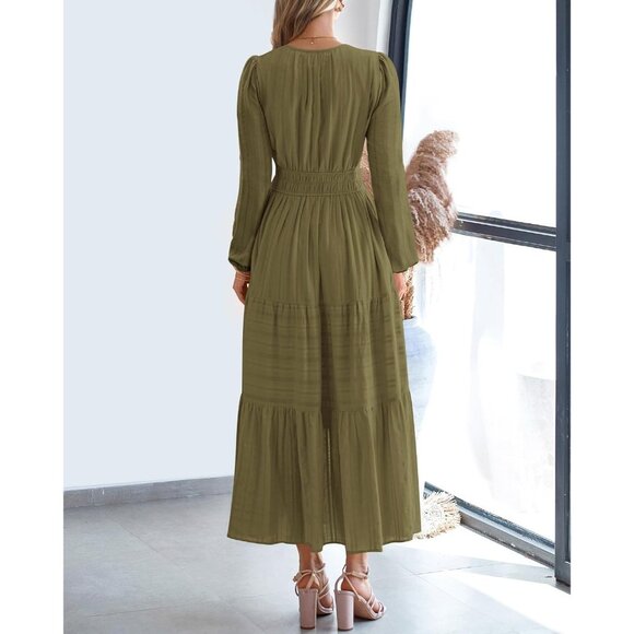 Women Army Green Long Sleeve V Neck Elastic Waist Lightweight Maxi Dress Pockets - Picture 3 of 8